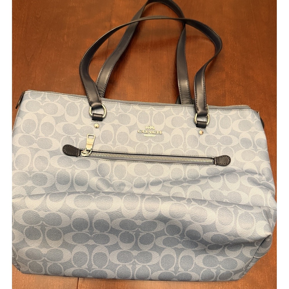 COACH "Mollie Tote Bag In Signature Canvas Blue/Grey Preowned